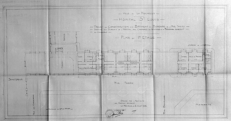 Projet de construction d'un bâtiment en bordure de la rue Thiers. Plan du rez-de-chaussée. 2 juillet 1936, par Morguet.