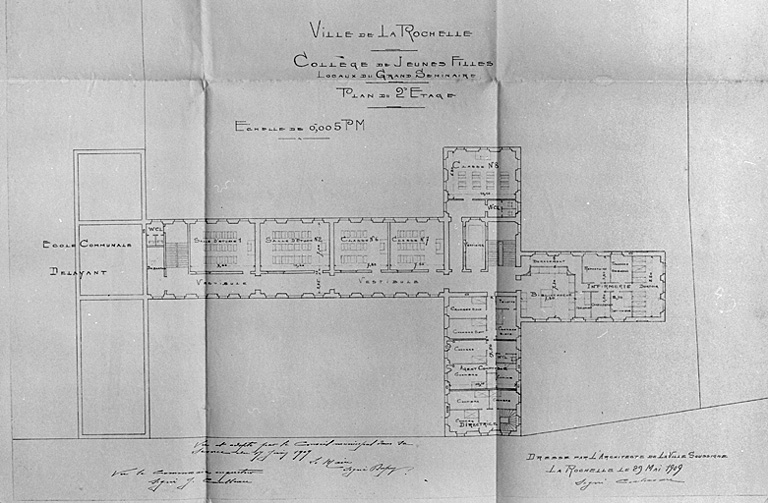 Collège de jeunes filles, plan du deuxième étage. 29 mai 1909, par Corbineau.
