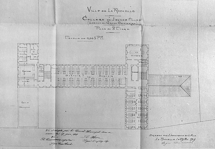 Collège de jeunes filles, plan du troisième étage. 29 mai 1909, par Corbineau.