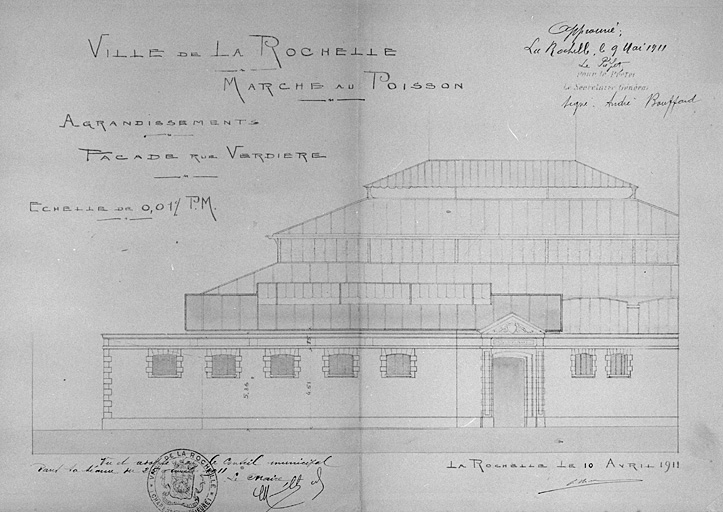 Projet d'agrandissement, façade rue Verdière. 10 avril 1911, par Corbineau.