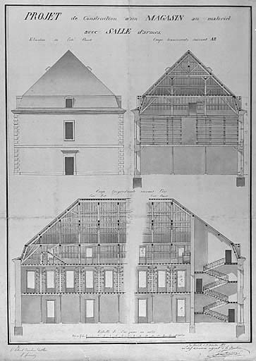 Projet de construction d'un magasin avec salle d'armes, élévation et coupes. 20 décembre 1871, par Hernnet.