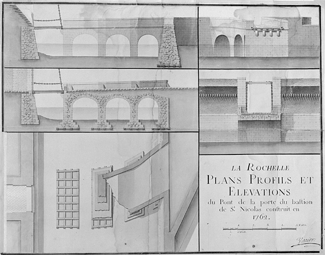 Plans, profils et élévations du pont de la porte du bastion Saint Nicolas construit en 1862. Retombe levée.