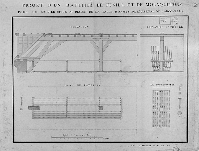 Projet d'un râtelier de fusils et mousquetons pour le grenier au dessus de la salle d'armes (bâtiment nord est). 20 mars 1818, par Gauchet.