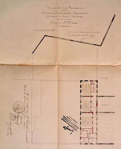 Projet d'aménagement de la partie ouest en école Delayant. Plan du deuxième étage. 29 mai 1909, par Corbineau.