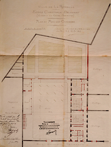 Projet d'aménagement de la partie ouest en école Delayant. Plan du rez-de-chaussée. 29 mai 1909, par Corbineau.