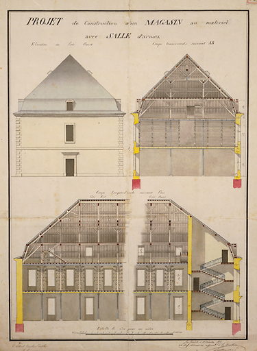 Projet de construction d'un magasin avec salle d'armes, élévation et coupes. 20 décembre 1871, par Hernnet.