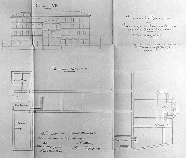 Plan des caves et coupes pour le collège de filles. 29 mai 1909, par Corbineau.