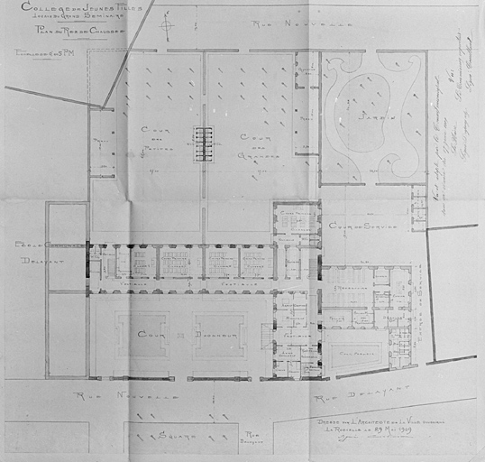 Plan du rez-de-chaussée pour le collège de filles. 29 mai 1909, par Corbineau.