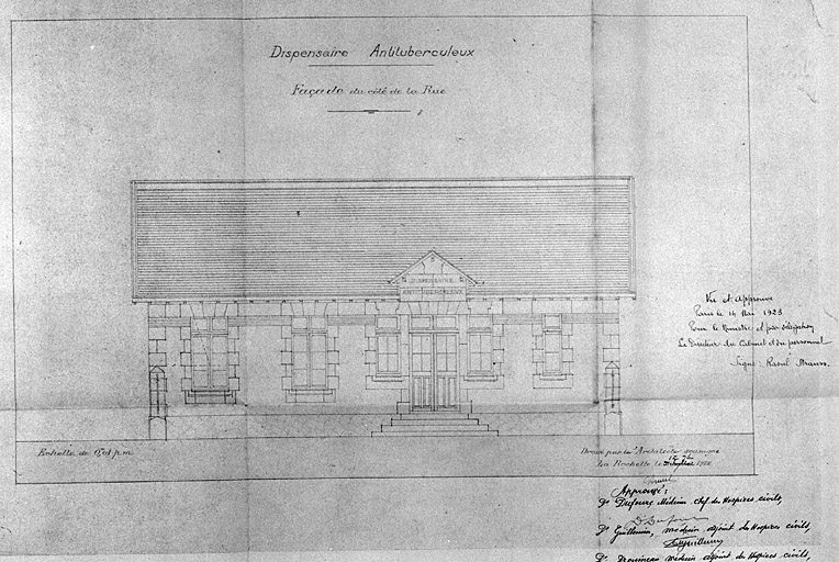 Dispensaire antituberculeux, façade sur rue. 2 septembre 1922, par Bunel.
