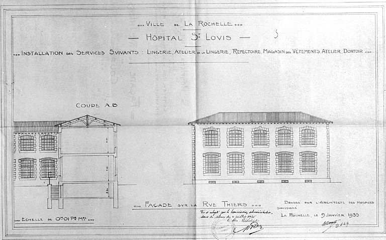 Lingerie, réfectoire, ateliers, dortoirs. Façade sur la rue Thiers et coupe du 9 janvier 1935, par Morguet.