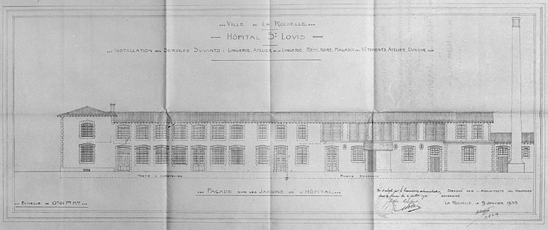 Lingerie, réfectoire, ateliers, dortoirs. Façade sur les jardins du 9 janvier 1935, par Morguet.