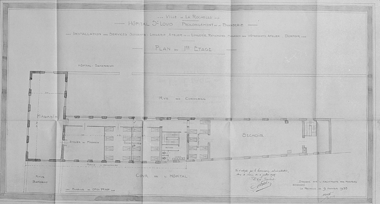 Lingerie, réfectoire, ateliers, dortoir. Plan du premier étage. 9 janvier 1935. par Morguet.