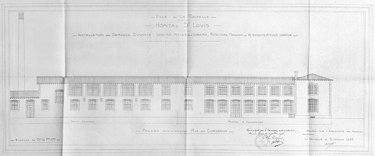 Lingerie, réfectoire, ateliers, dortoir. Façade sur l'ancienne rue des Corderies. 9 janvier 1935. par Morguet.