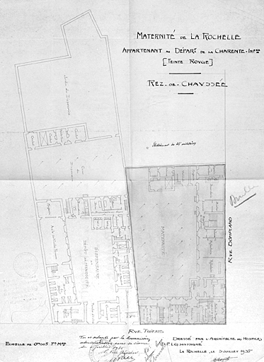 Maternité, plan au rez-de-chaussée. 3 juillet 1935, par Morguet.
