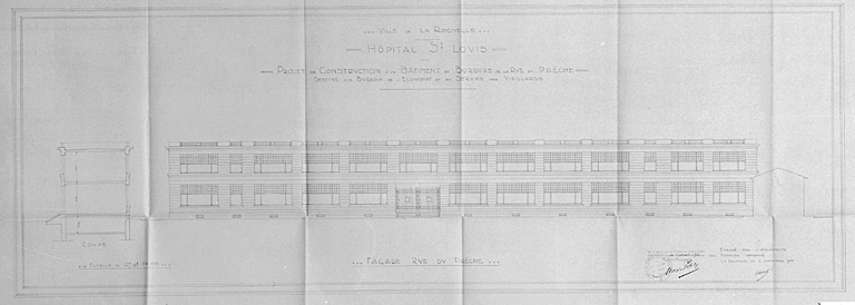 Projet de construction d'un bâtiment en bordure de la rue du Prêche. Façade sur rue. 4 septembre 1936, par Morguet.