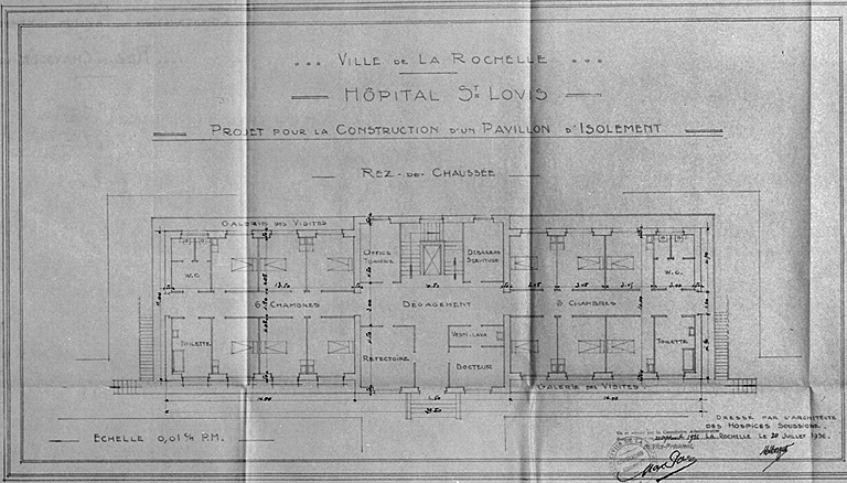 Projet de construction d'un pavillon d'isolement. Plan du rez-de-chaussée. 20 juillet 1936, par Morguet.