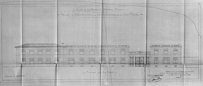 Projet de construction d'un bâtiment en bordure de la rue Thiers. Façade sur rue. 2 juillet 1936, par Morguet.