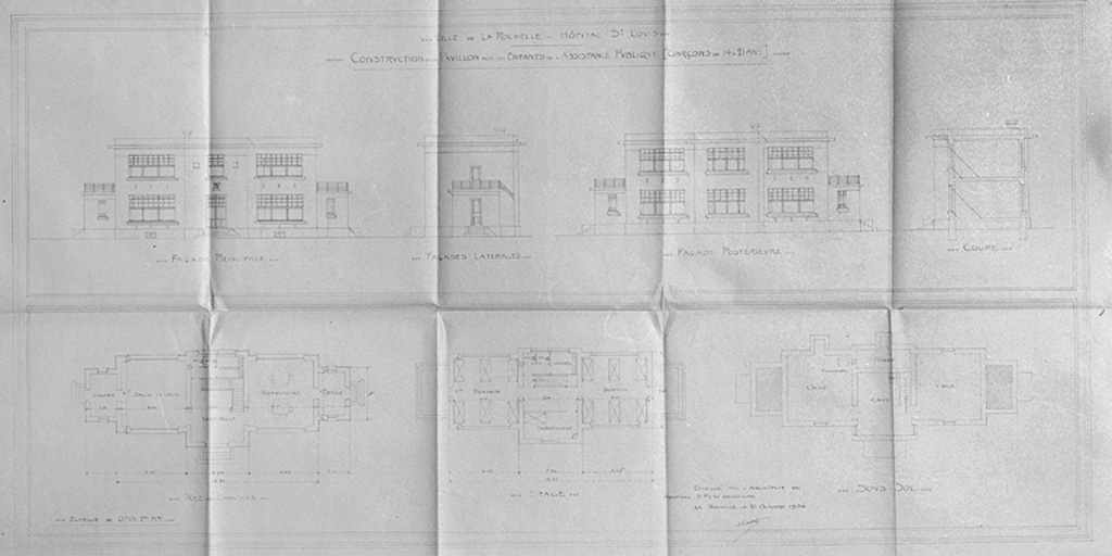 Projet de construction d'un pavillon pour les enfants de l'Assistance publique. Elévations, coupe et plans. 21 octobre 1936, par Morguet.