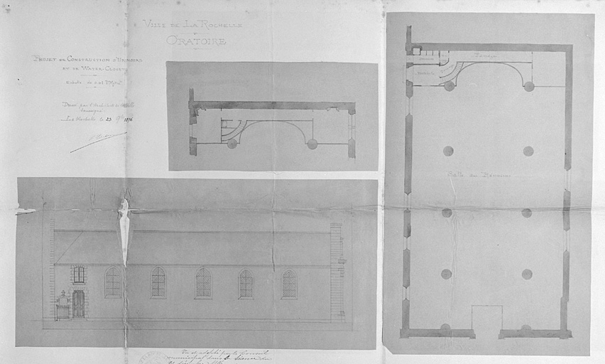 Plan et élévation de la chapelle. 23 novembre 1896, par Corbineau.