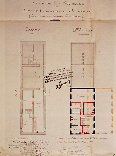 Plan partiel, caves et troisième étage, pour l'école Delayant. 29 mai 1909, par Corbineau.