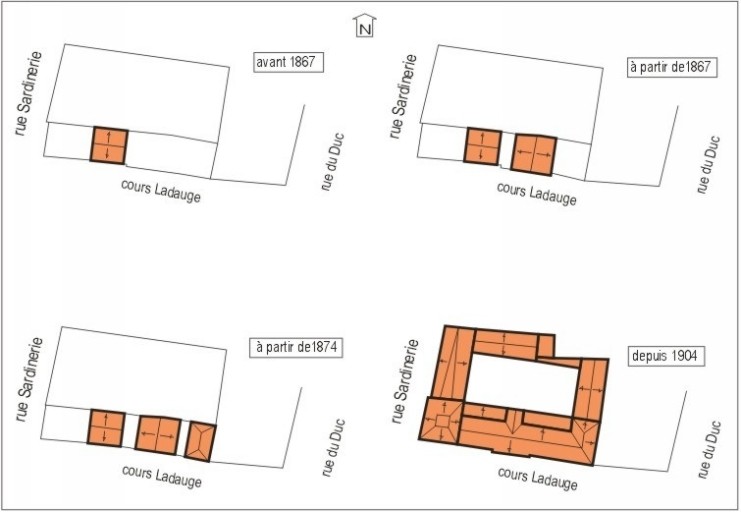 Plan masse, états successifs de l'agrandissement.