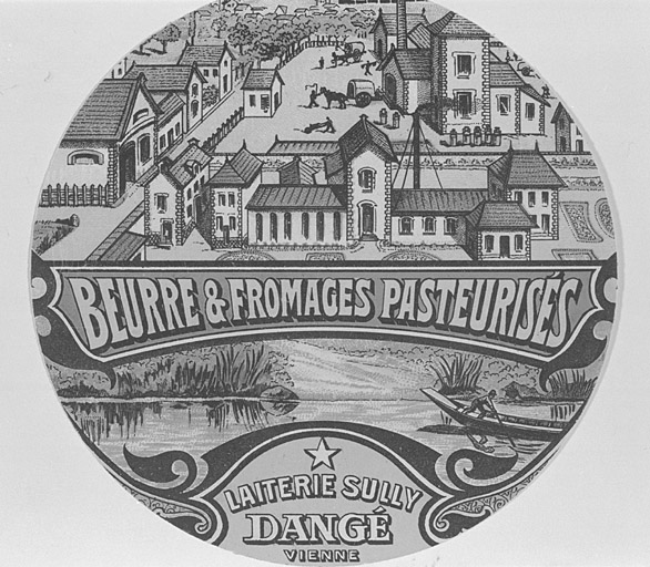 Etiquette de boîte de fromage du début du 20e siècle montrant l'usine.