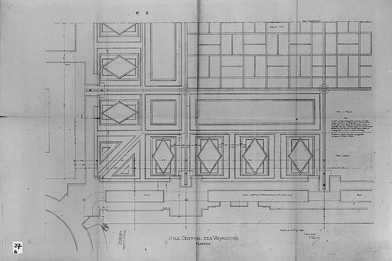 Hall des voyageurs, plafond, plan de 1911, par Esquié (pl.27).