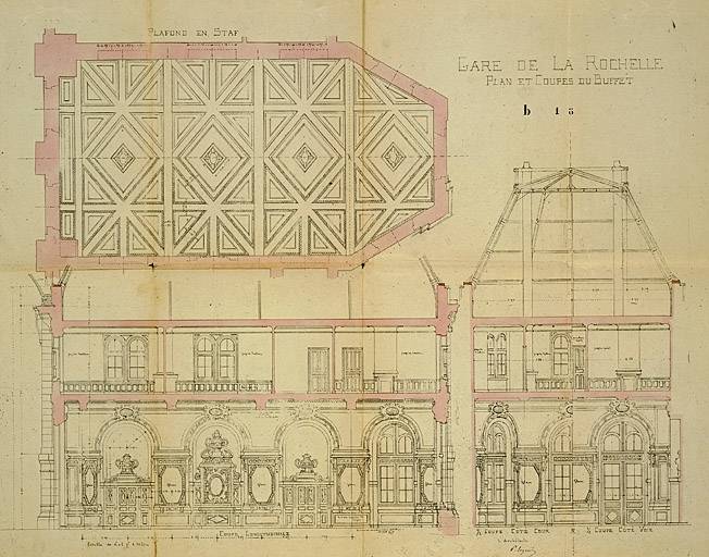 Buffet, intérieur, plan du plafond et coupe, par Esquié (pl.5).