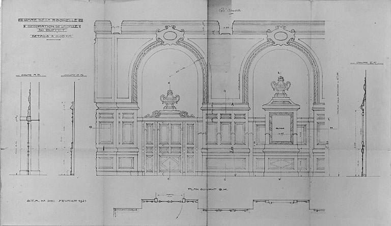 Buffet, intérieur, détail du décor, élévation, plan et coupes, en 1921 (pl.11).