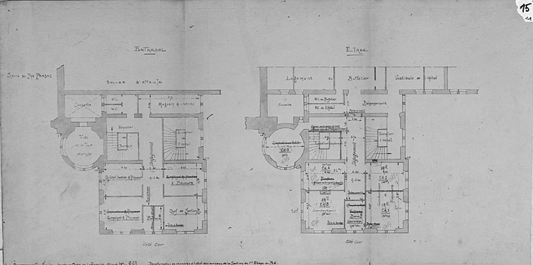 Aile côté Bordeaux, plans de l'entresol et du 1er étage en vue de la transformation en chambres d'hôtel des bureaux de la section, en 1923 (pl.15).