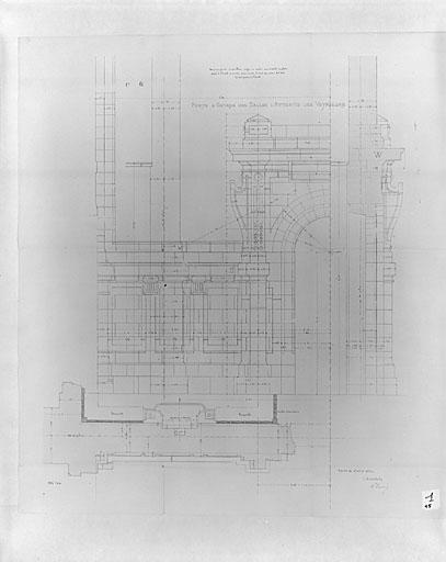 Salle d'attente des voyageurs, détail de la porte, élévation et plan, par Esquié (pl.1).