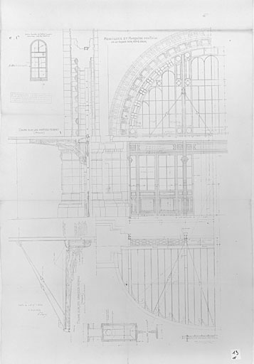 Bâtiment des voyageurs, façade côté cour, détails des baies et de la marquise, par Esquié (pl.13).