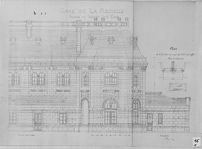 Bâtiment principal, élévation du buffet côté cour, par Esquié (pl.16).