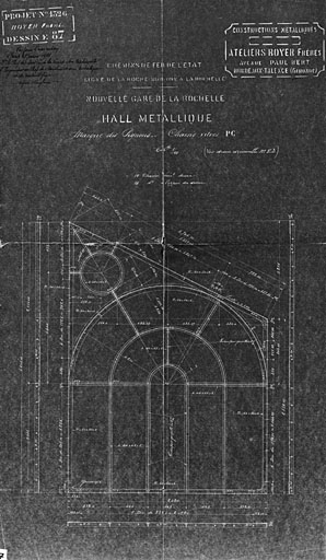 Hall métallique, masque des pignons, châssis vitré P C. Dessin des ateliers Boyer frères, à Bordeaux Talence, vu pour exécution en 1921 (pl.87).