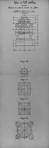 Hall métallique, sommet du pylône, élévation et coupes du motif (pl.115).