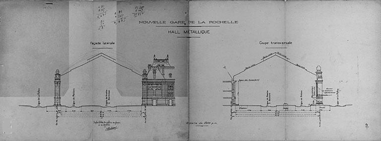 Hall métallique, façade latérale et coupe transversale (pl.118).