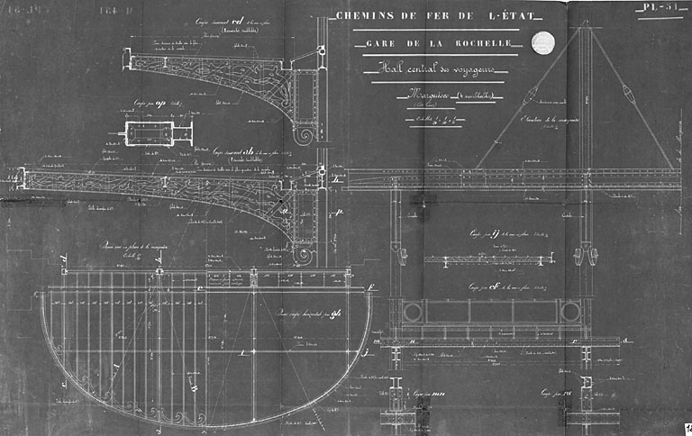 Hall métallique, élévation côté cour, détails de la marquise, en 1913, par Ménard et Gourdon, de Nantes (pl.125).