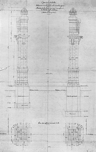 Bâtiment des voyageurs, élévation côté voies, élévations et plans des pylônes de tête du hall métallique (pl.112).