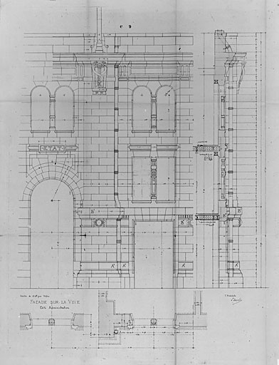 Bâtiment principal, côté administration, élévation sur les voies, coupe et plan d'un détail, en 1911, par Esquié (pl.6).