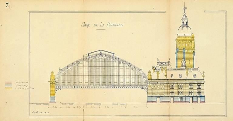 Bâtiment principal et marquise, élévations latérales côté Nantes, avec indication de la provenance des pierres (pl.7).