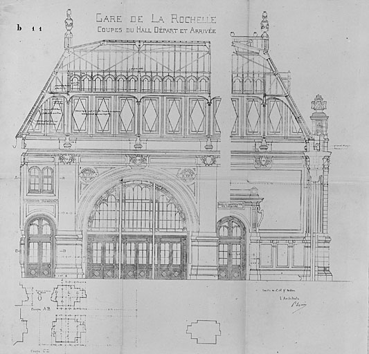 Bâtiment principal, hall des voyageurs, coupes, par Esquié (pl.11a).