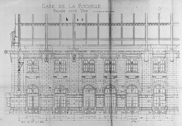 Bâtiment principal, élévation sur les voies, côté buffet et salles d'attente, par Esquié (pl.15b).