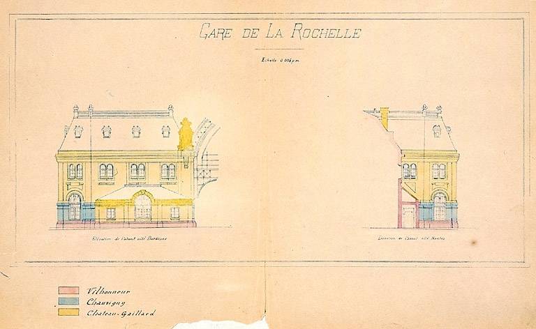 Bâtiment principal, élévations latérales de l'aile en retour de la partie nord-est, avec indication de la provenance des pierres (pl.34).