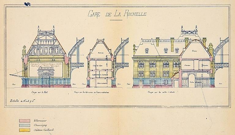 Bâtiment principal, coupes avec indication de la provenance des pierres, en 1912 (pl.35).