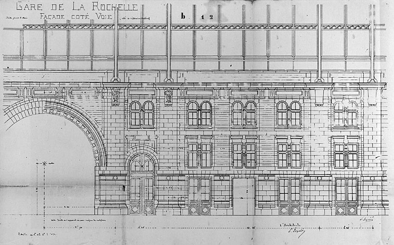 Bâtiment principal, élévation du côté des voies, détail, par Esquié (pl.39).