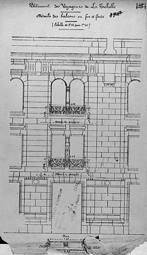 Bâtiment principal, détail des balcons en fer et fonte, dessin remis en 1914 (pl.41).