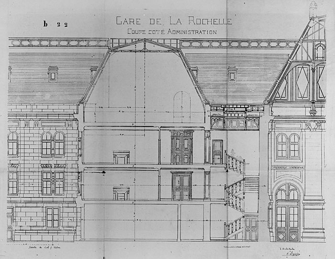 Bâtiment principal, côté administration, coupe, par Esquié (pl.44).