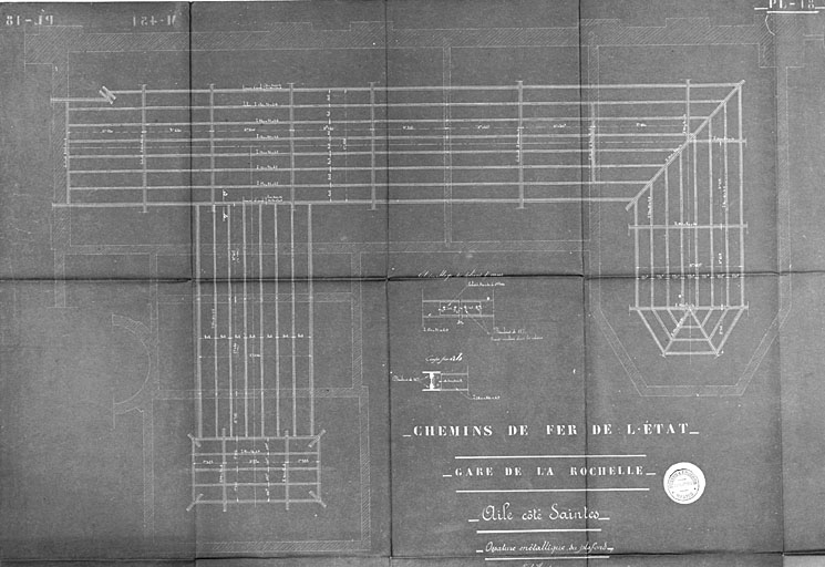 Hall des voyageurs, partie côté Saintes, plan de l'ossature métallique du plafond, en 1913, par Ménard et Gourdon (pl.18).