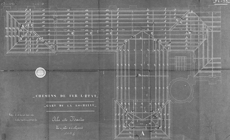 Hall des voyageurs, aile côté Nantes, plan de la charpente, en 1913, par Ménard et Gourdon (pl.33).