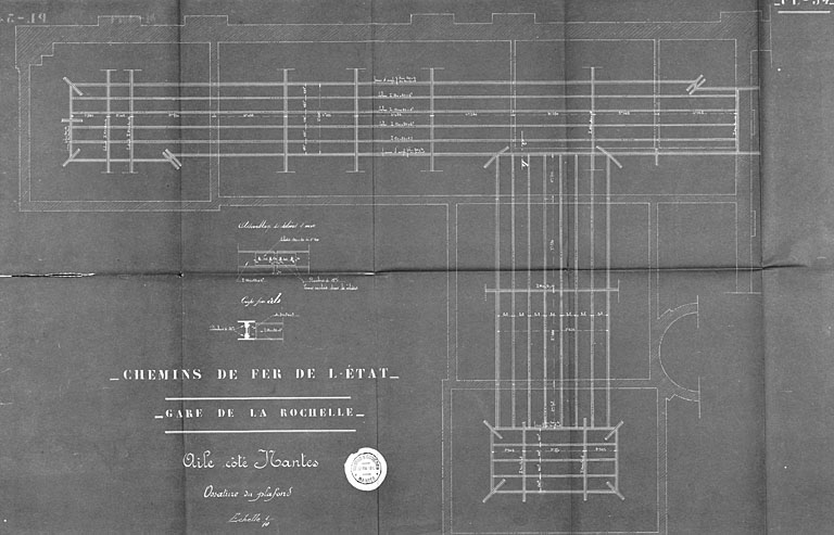 Hall des voyageurs, aile côté Nantes, plan de l'ossature des plafonds, en 1913, par Ménard et Gourdon (pl.34).